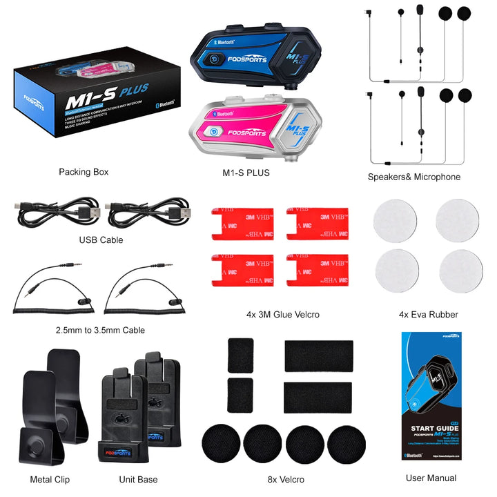 2Pcs Fodsports M1-S Plus Motorcycle Helmet Intercom Bluetooth Headset 8 Riders Moto Interphone,Music Sharing,FM Radio