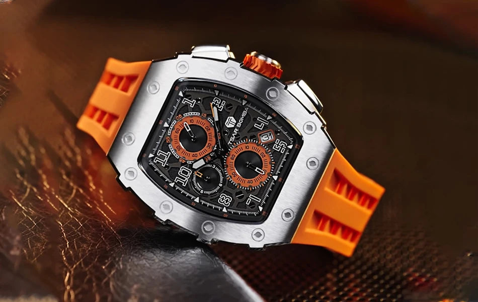 TSAR BOMBA Watch for Men Luxury Brand Tonneau Design Waterproof Clock Stainless Steel Wristwatch Fashion Rectangle Mens Watch
