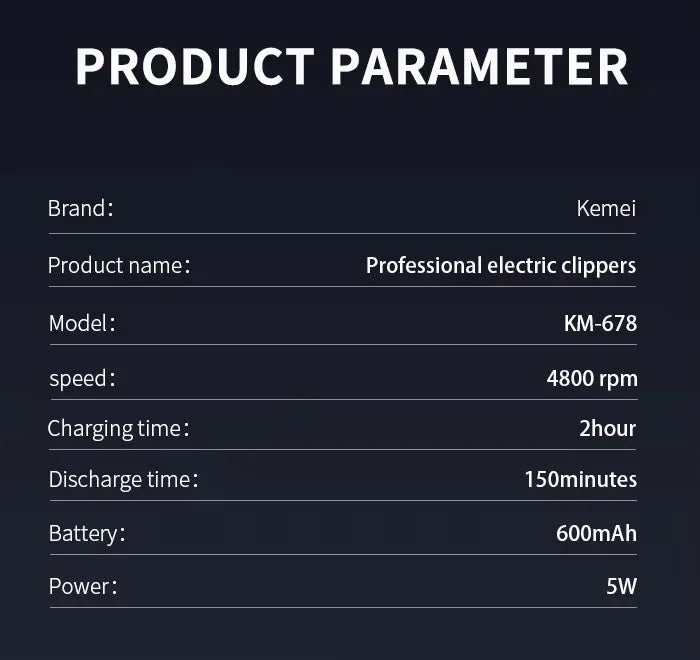 Kemei KM-2628 KM-678 KM-2024 Professional Electric Hair Clippers Beard Clipper Rechargeable Men's Shaver Hair Trimmer Kit