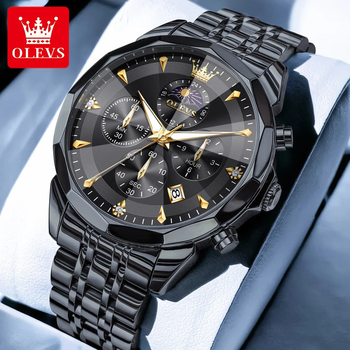 OLEVS 3673 Mens Watch Original Business Brand Quartz Watch Rhombus Mirror Waterproof Luminous Automatic Date Moon Phase Watch