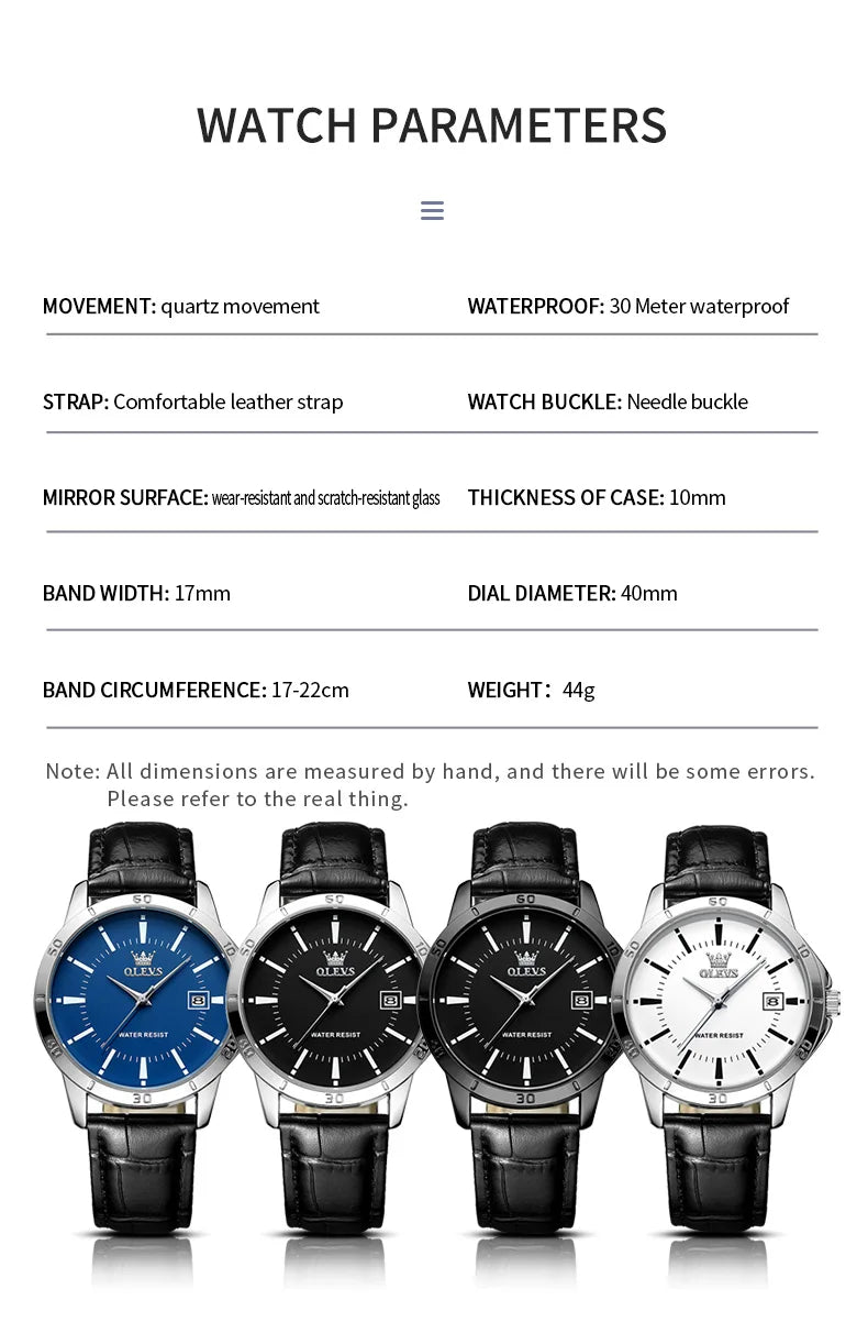 OLEVS TY716 Mens Watch Original Fashion Quartz Watch For Men Waterproof Leather Strap Calendar Daily Automatic Date Mens Gifts