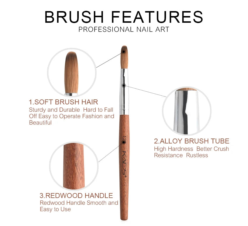KADS Acrylic Nail Brush Crimped Kolinsky Sable UV Nail Art Gel Extension Brush Manicure Brush Flat Round Red Wood Nail Brush