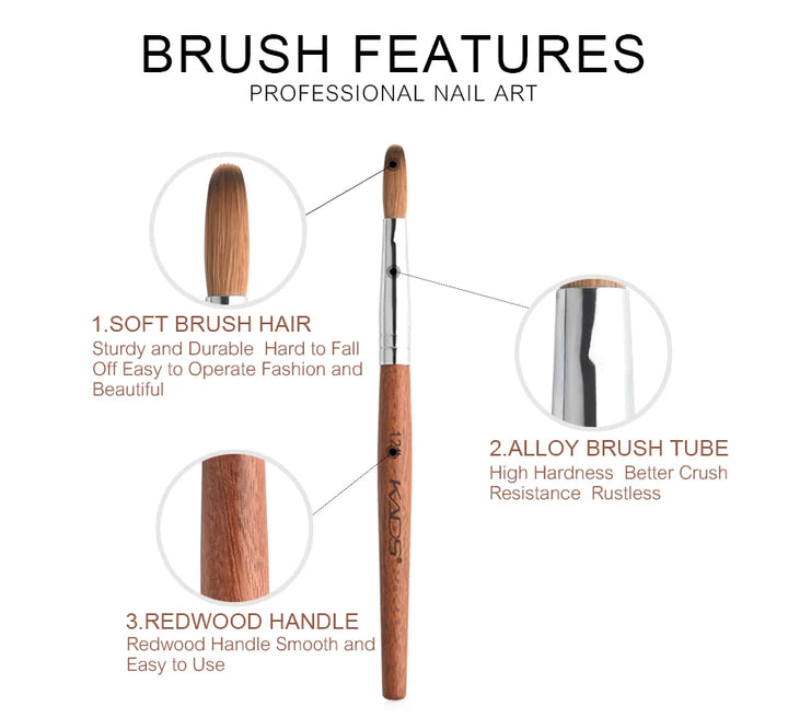 KADS Acrylic Nail Brush Crimped Kolinsky Sable UV Nail Art Gel Extension Brush Manicure Brush Flat Round Red Wood Nail Brush