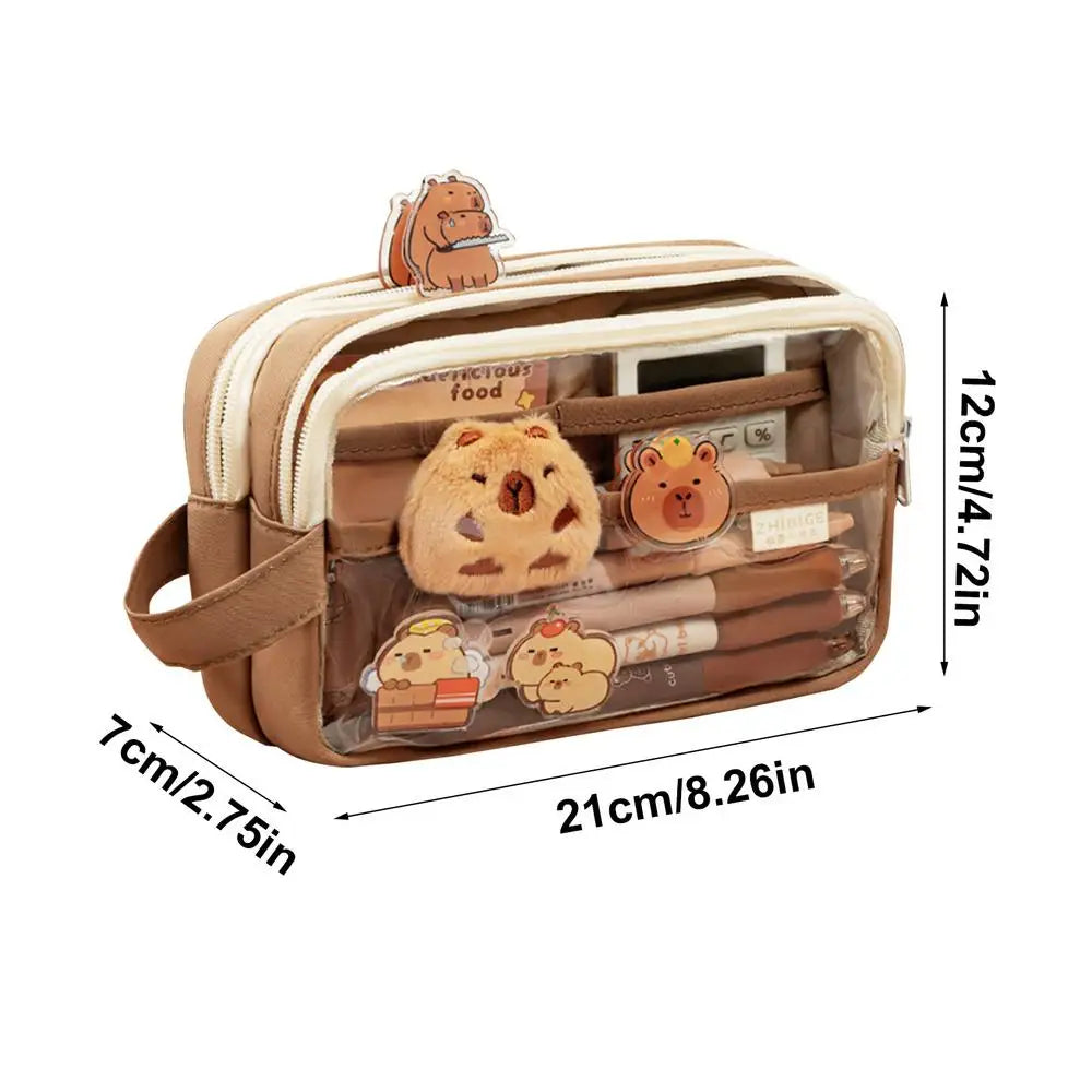 Clear Plastic Pencil Case With Cute Capybara Plush And Pins Multi-layers Pouch Large Capacity Aesthetic Pencil Pouch Stationary