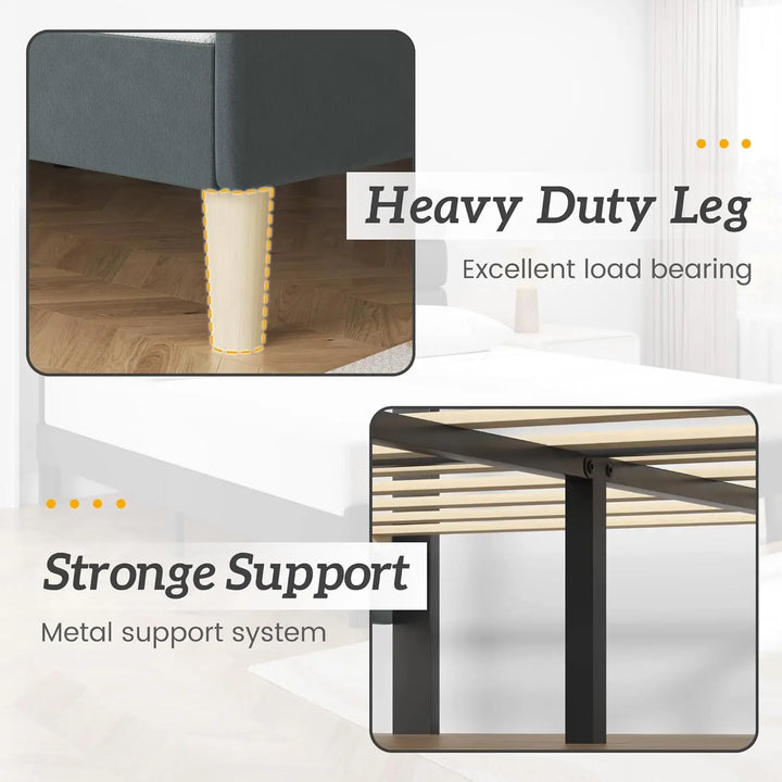 Queen Size Bed Frame, Velvet Padded Headboard, Metal Support, Easy To Assemble, Storage Space, No Spring Box Required
