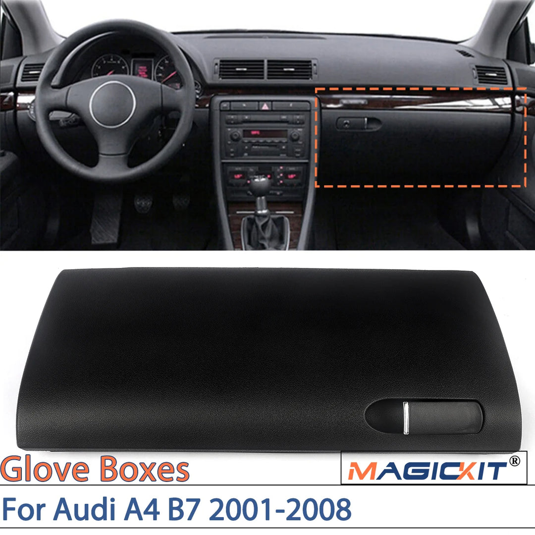 MAGICKIT Black Glove Box Compartment Door Lid Cover With Buckle For Audi A4 B7 2001-2008 CAR Accessories Direct Replacement