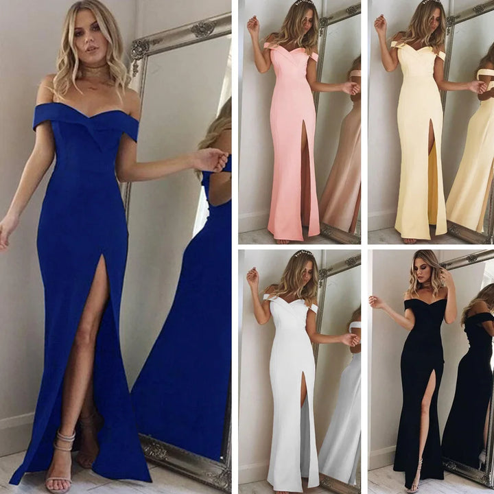 Women Split Bodycon Long Maxi Dress Party Wedding Prom Formal Elegant Solid White Off Shoulder Sleeveless Bandage Cheap Clothes