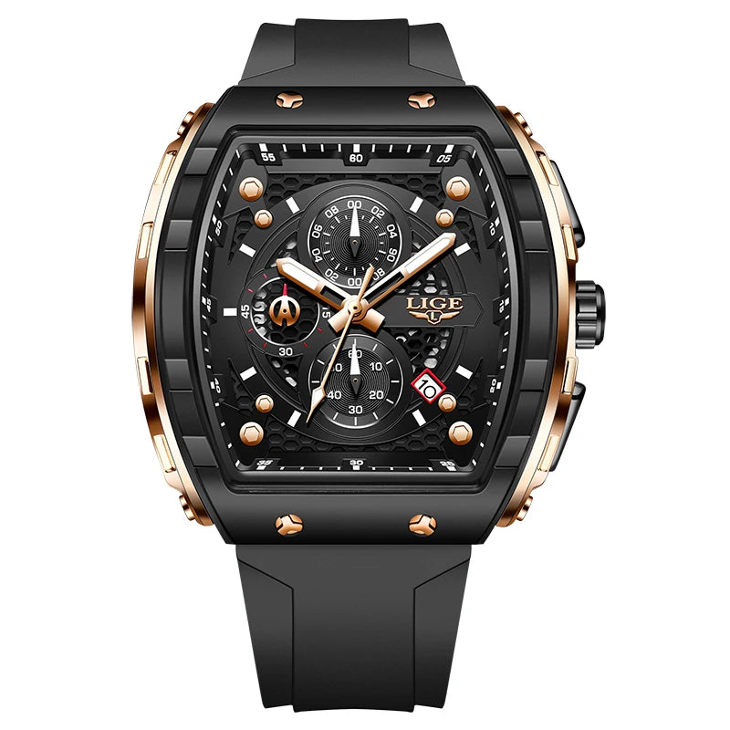 LIGE Outdoor Square Casual Sport Quartz Man Watch Top Brand Luxury Watches Fashion 50M Waterproof Auto Date Silicone Chronograph