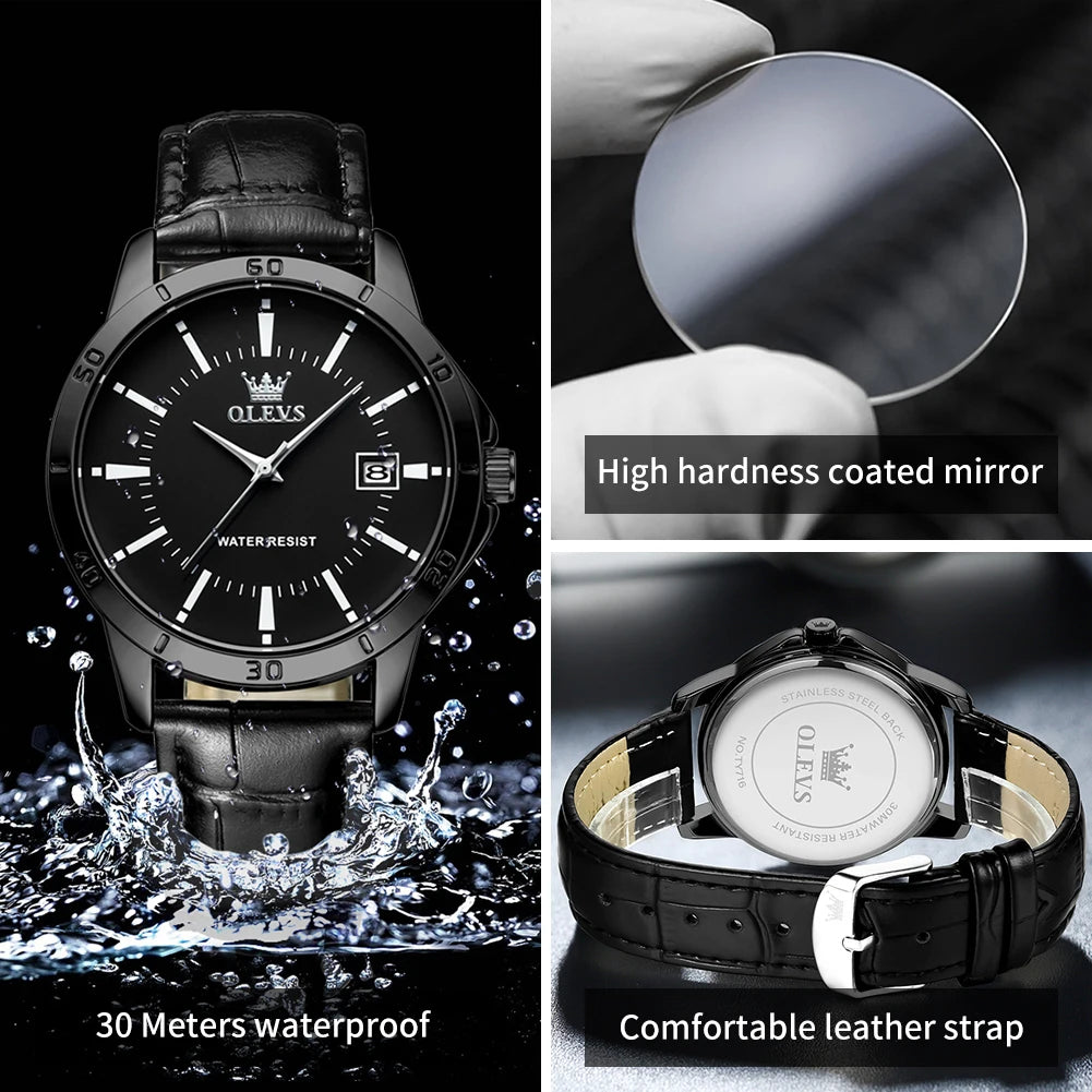 OLEVS TY716 Mens Watch Original Fashion Quartz Watch For Men Waterproof Leather Strap Calendar Daily Automatic Date Mens Gifts