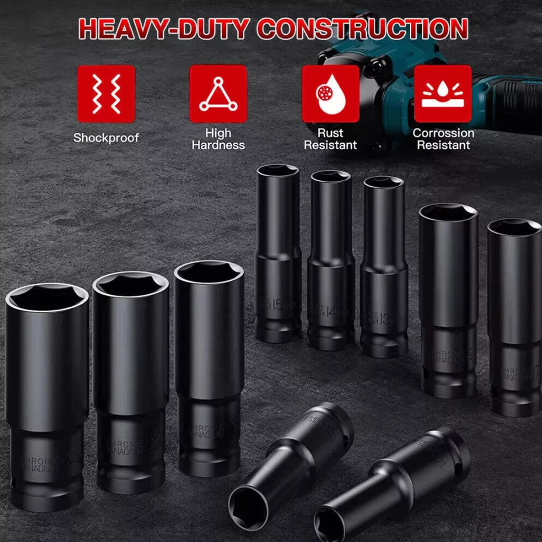 10pc Metric Deep Impact Socket 1/2" Drive 10mm-24mm 6 Point Sockets w/ Case Set