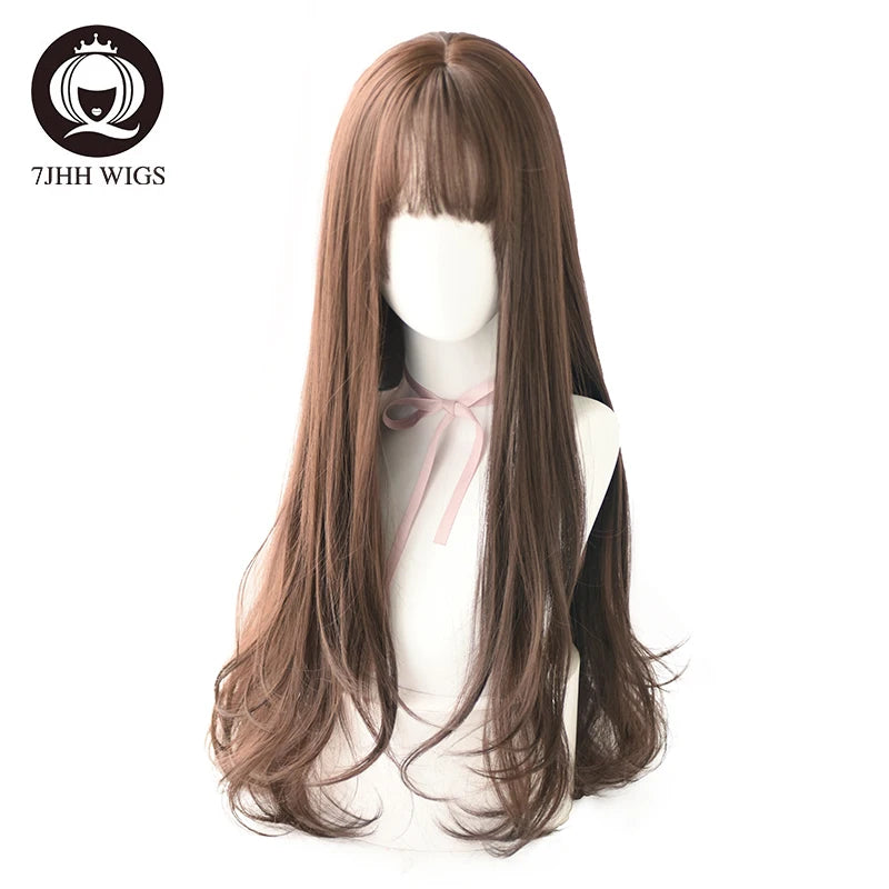 7JHHWIGS Long Wavy Synthetic Black Wigs For Women With Fringe Fashion Heat Resistant Mid-Length Daily Straight Light Brown Hair