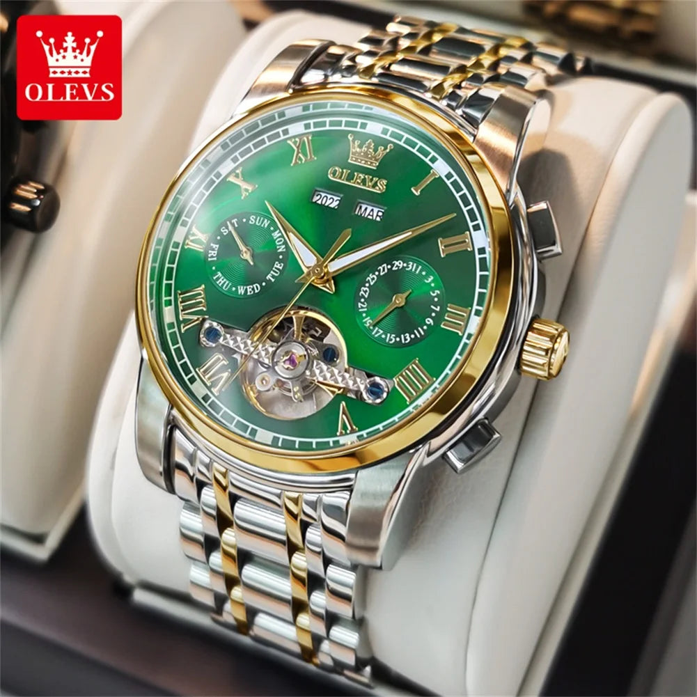 OLEVS Brand Automatic Mechanical Men Watches Waterproof Stainless Steel Strap Watch for Man Skeleton Calendar Hollow out Design