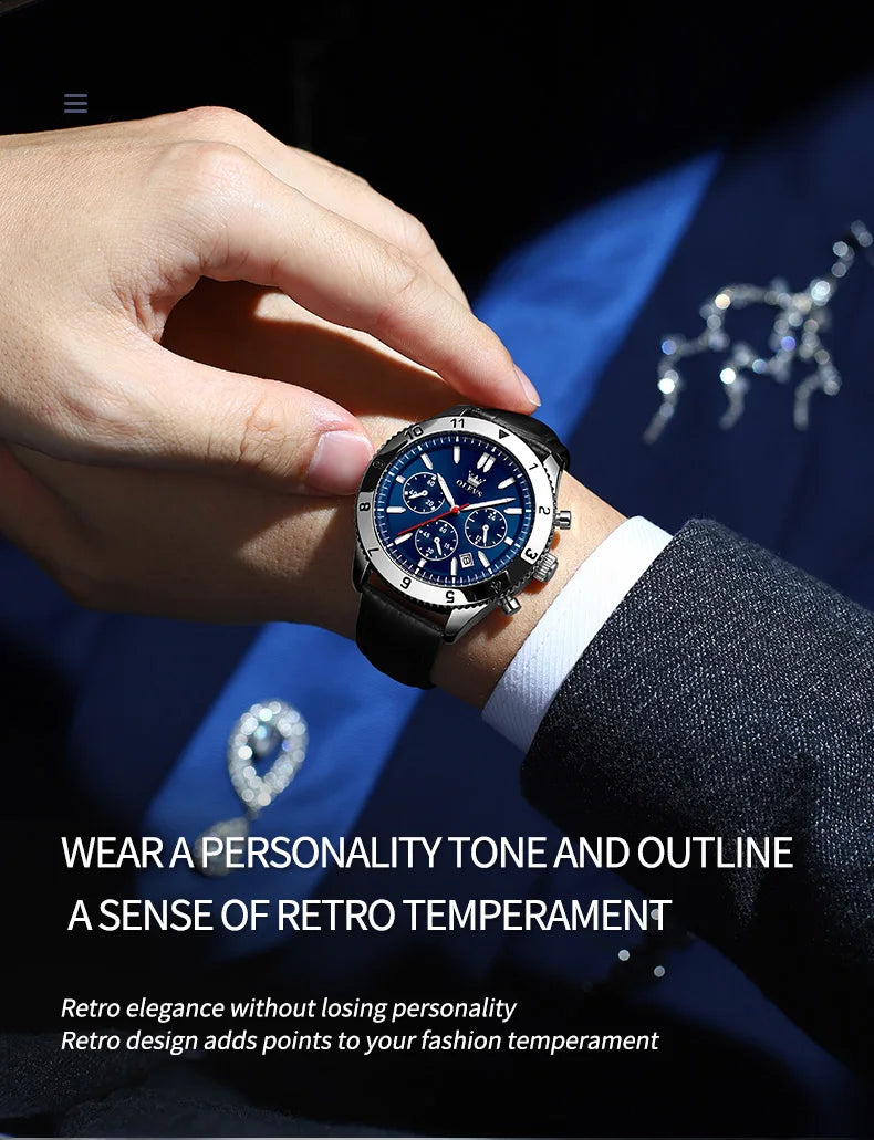 OLEVS Original Quartz Watch for Men Leather Strap Chronograph Calendar Waterproof Luminous Men's Wristwatches Relógio Masculino