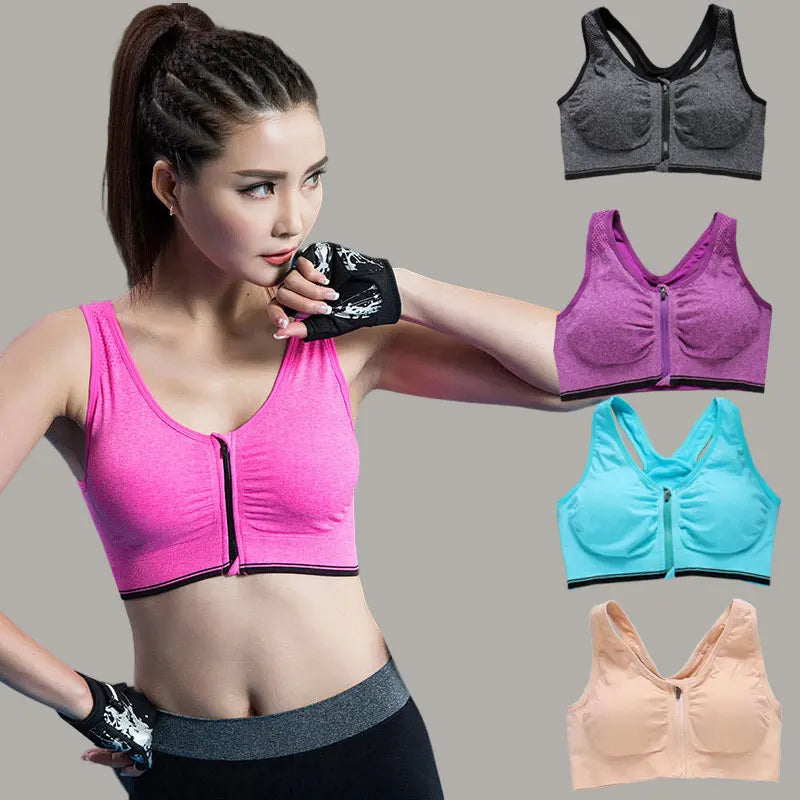 Front Zipper Sport Bra Gym top Breathable Brassiere Yoga Workout Running Vest Women's Underwear Shockproof Running Fitness Bra