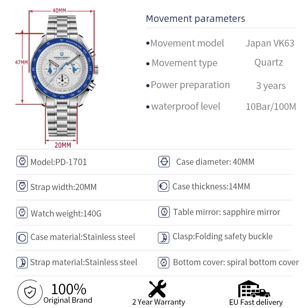 PAGANI DESIGN Watches For Men Chronograph Sapphire Luminous luxury Quartz Wristwatch Waterproof reloj deportivo hombre 2024 NEW
