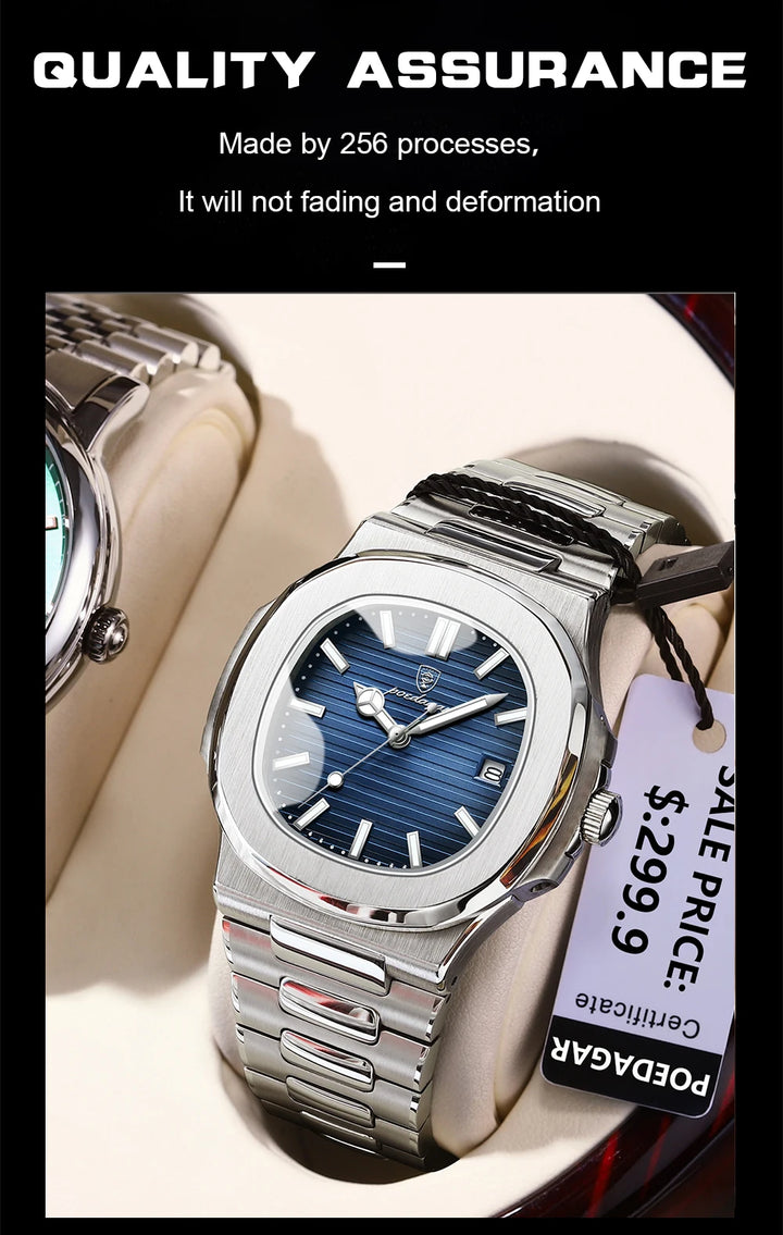 POEDAGAR Luxury Classic Man Watches Luminous Date Stainless Steel Square Quartz Male Clock Waterproof Watch for Men Reloj +Box