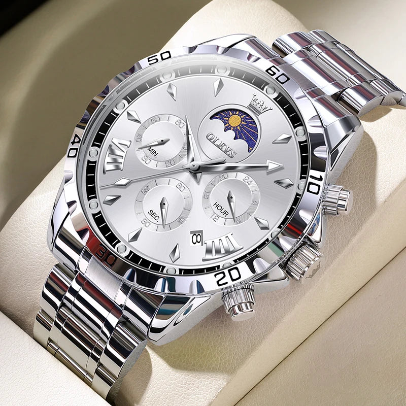 OLEVS Original Moon Phase Men Watches Luminous Skeleton Waterproof Quartz Watch Calendar Chronograph Stainless Steel Wristwatch