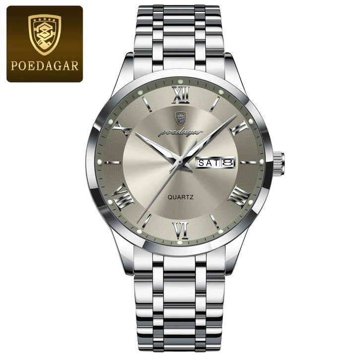 POEDAGAR Business Fashion Man Watch Waterproof Luminous Date Week Male Wristwatch Stainless Steel Quartz Men Watches Reloj +Box
