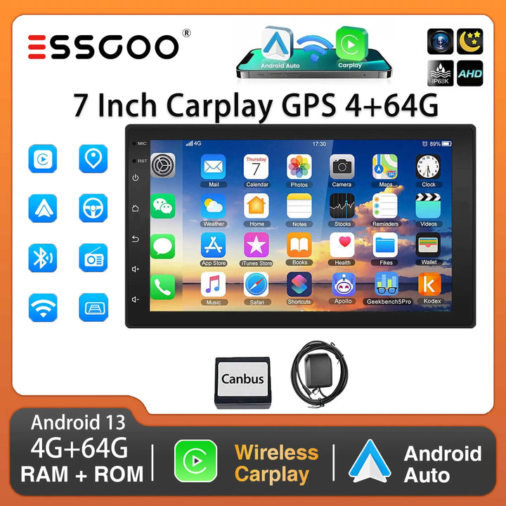 ESSGOO Car Stereo Radio Wireless CarPlay Android Auto 2 DIN 7" Car Stereo HD FM-Radio GPS Touch Screen Head Unit 4+64G DAB+AHD