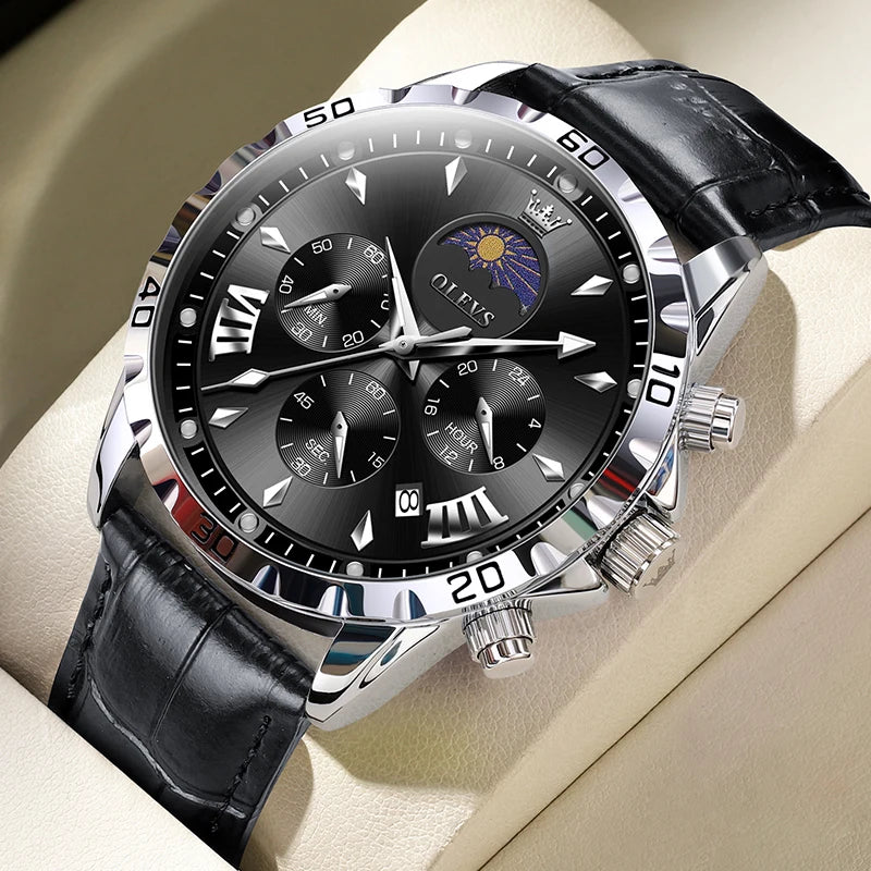 OLEVS Original Moon Phase Men Watches Luminous Skeleton Waterproof Quartz Watch Calendar Chronograph Stainless Steel Wristwatch