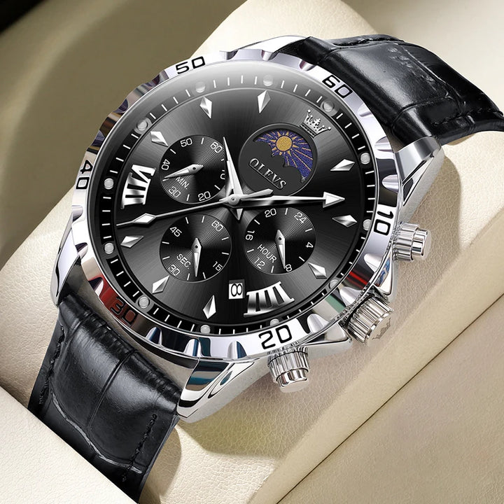 OLEVS Original Moon Phase Men Watches Luminous Skeleton Waterproof Quartz Watch Calendar Chronograph Stainless Steel Wristwatch