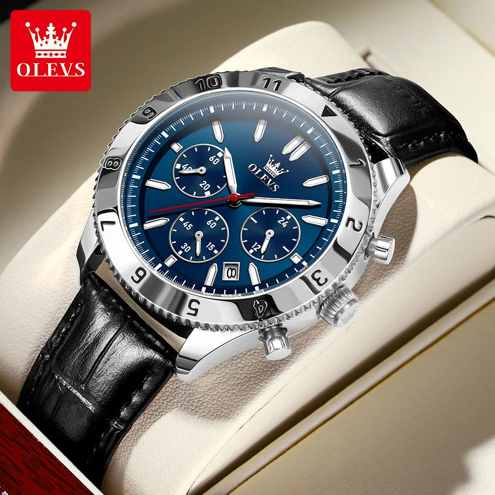 OLEVS Original Quartz Watch for Men Leather Strap Chronograph Calendar Waterproof Luminous Men's Wristwatches Relógio Masculino