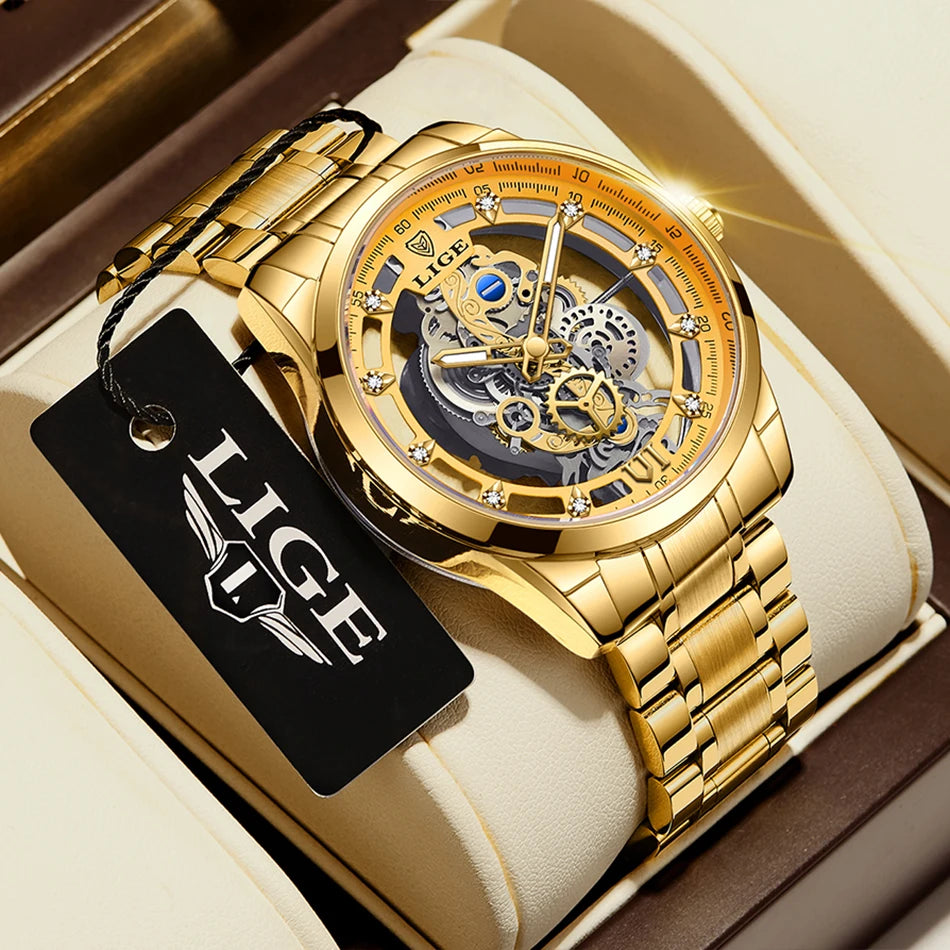 LIGE New Fashion Mens Watches Top Brand Luxury Hollow Watch Men Military Sports Waterproof Quartz Watch For Men Montre Homme+BOX