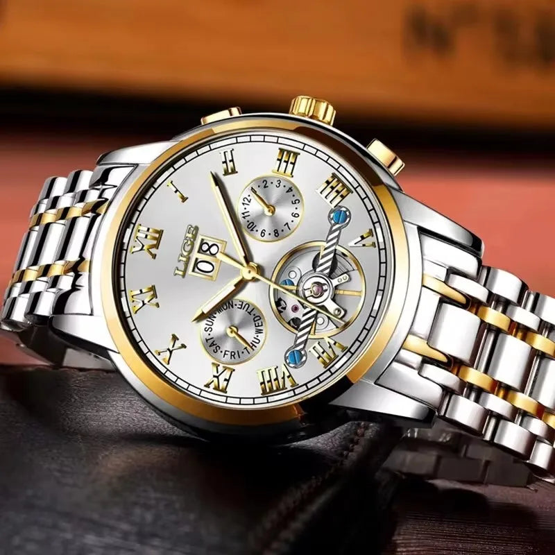 LIGE Fashion Men's Mechanical WristWatches Business Waterproof Tourbillon Watch Men Top Brand Luxury Automatic Watches For Men