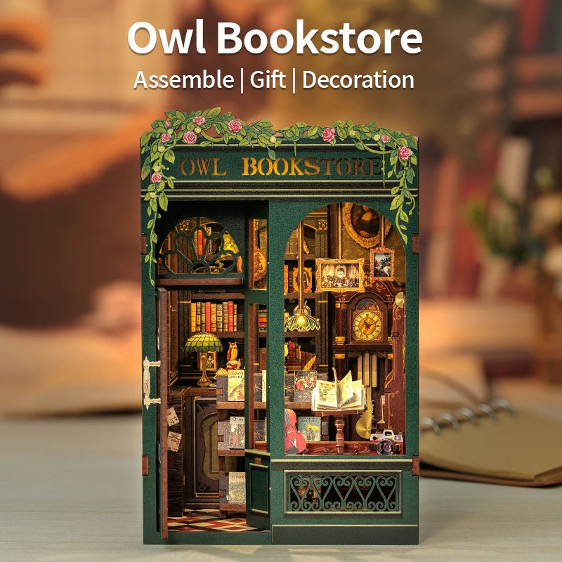 CUTEBEE Bookstore Book Nook with Light DIY Miniature Wooden Dollhouse for Decor Gift Bookshelf Insert Kit 3D Puzzle