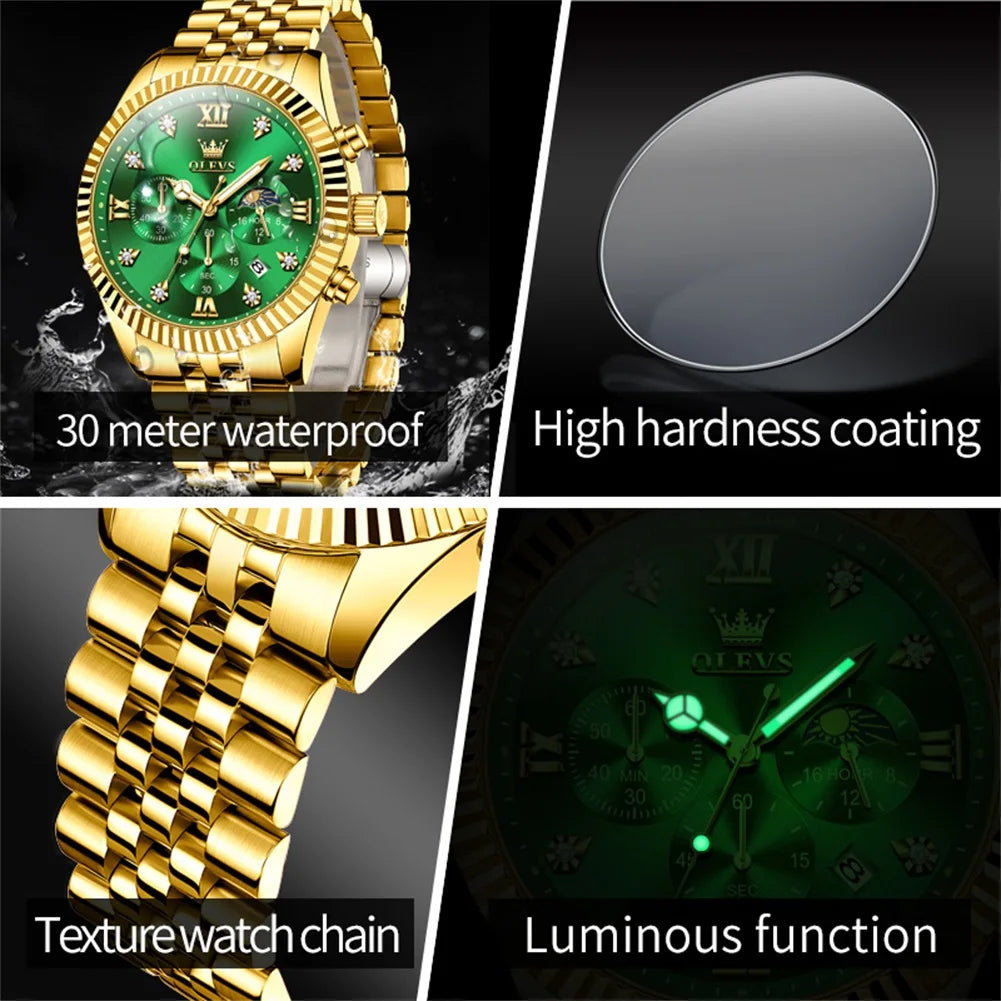OLEVS Men's Watches Luxury Gold Original Quartz Watch for Man Waterproof Classic Commemorative Strap Moon Phase Chronograpgh