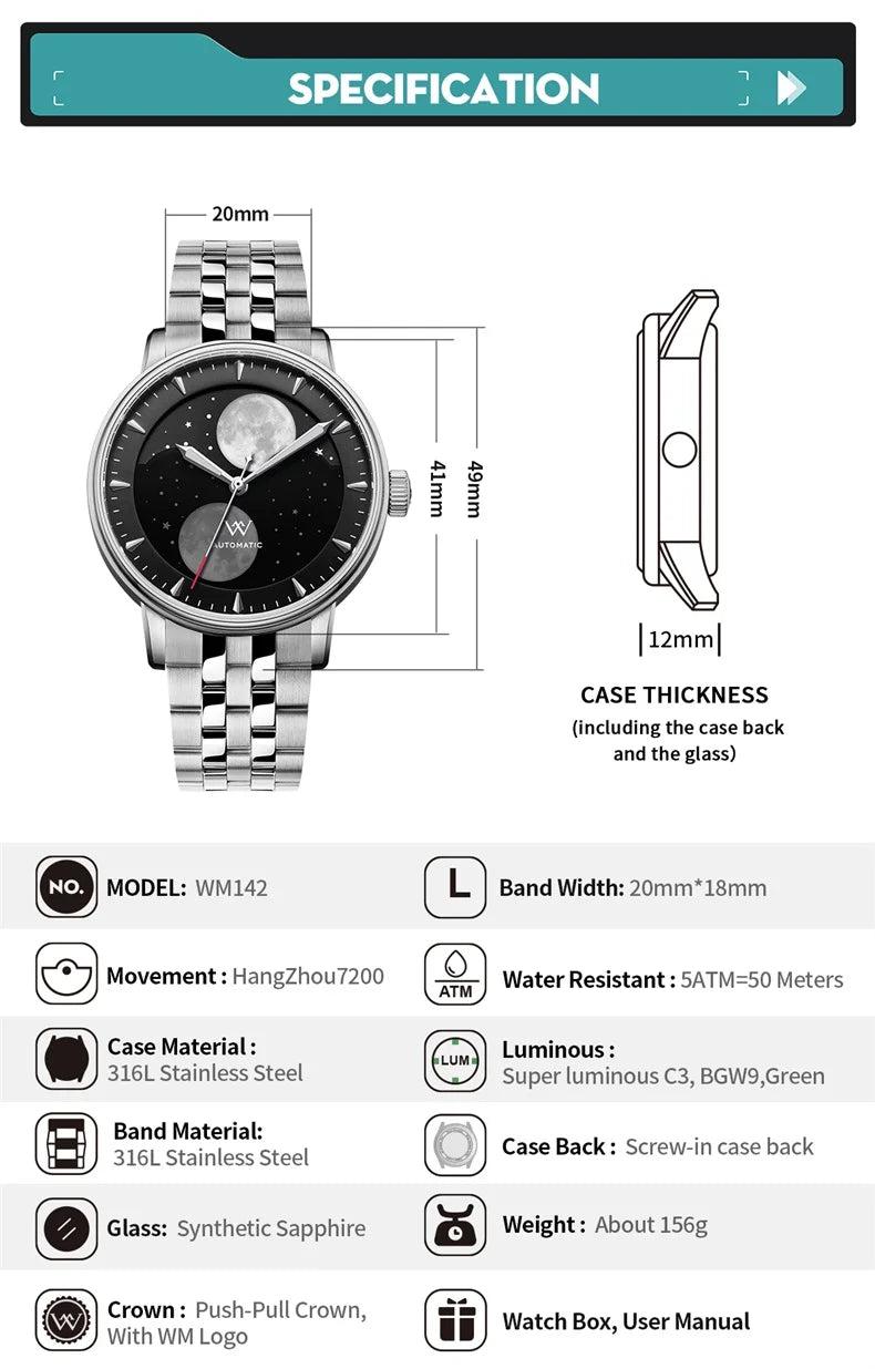 WM Watch Welly Merck Automatic Mechanical Watches Men Lunar Moon Phase Sapphire Waterproof Man Luminous Twin Moons Watch WM142