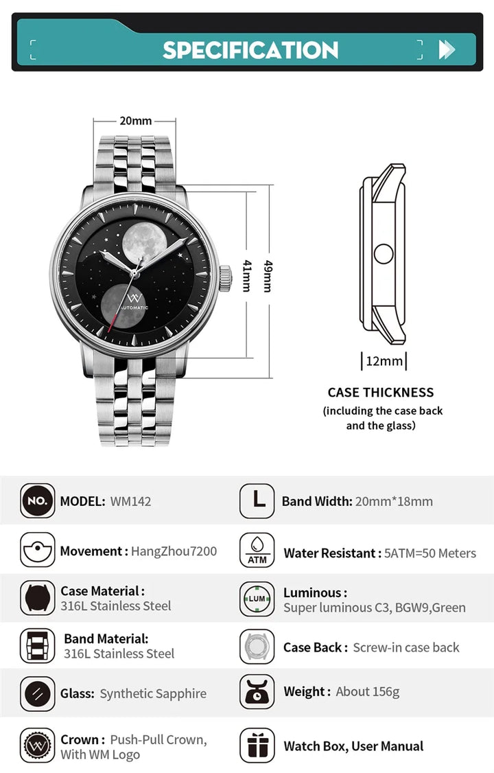 WM Watch Welly Merck Automatic Mechanical Watches Men Lunar Moon Phase Sapphire Waterproof Man Luminous Twin Moons Watch WM142