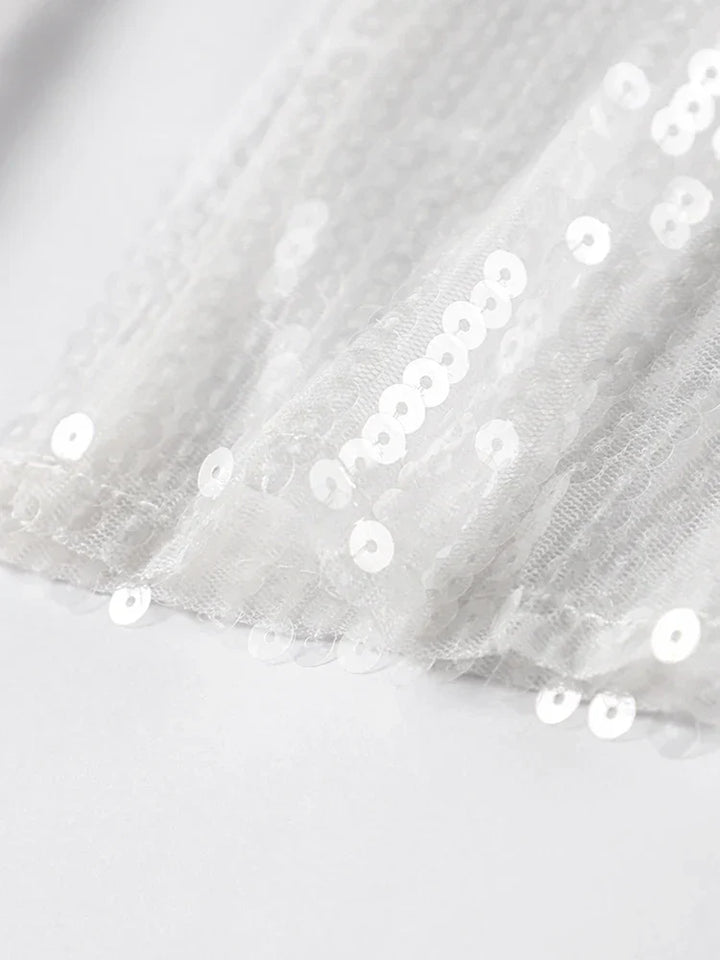 Women's Sparkling Backless Long Sleeved Dress Silver White Sexy Gauze Short Dresses Shiny Lining Elegant Summer Autumn Lady Top