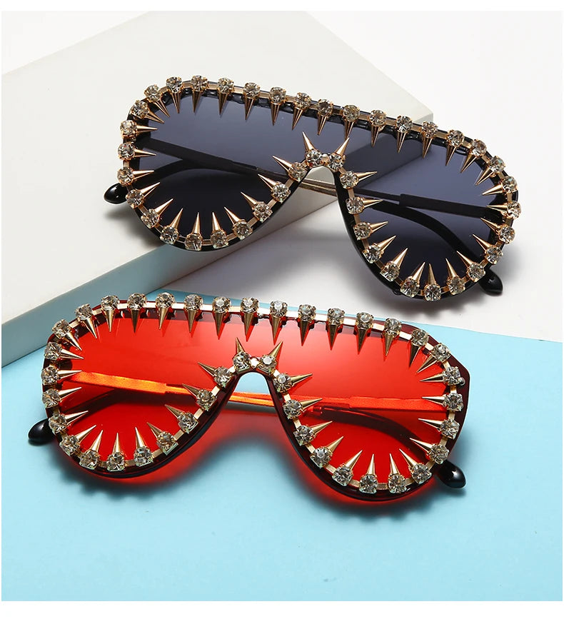 Steampunk Nail Diamond Oversized Sunglasses For Women Luxury Punk Rhinestones One Piece Sun Glasses Men Hip Hop Shades Eyewear