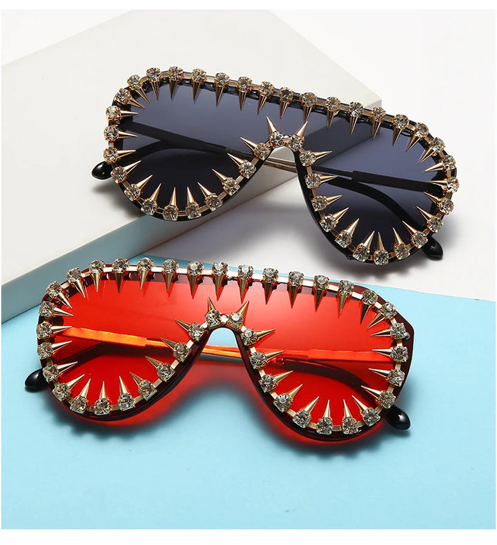 Steampunk Nail Diamond Oversized Sunglasses For Women Luxury Punk Rhinestones One Piece Sun Glasses Men Hip Hop Shades Eyewear