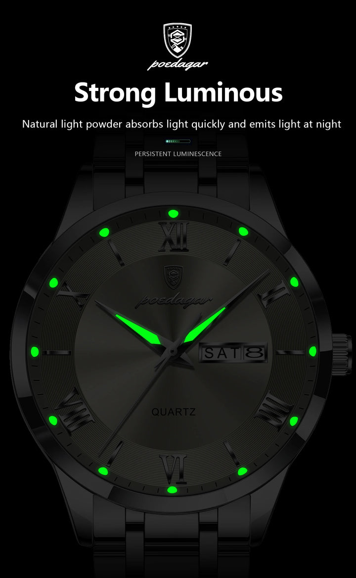 POEDAGAR Business Fashion Man Watch Waterproof Luminous Date Week Male Wristwatch Stainless Steel Quartz Men Watches Reloj +Box