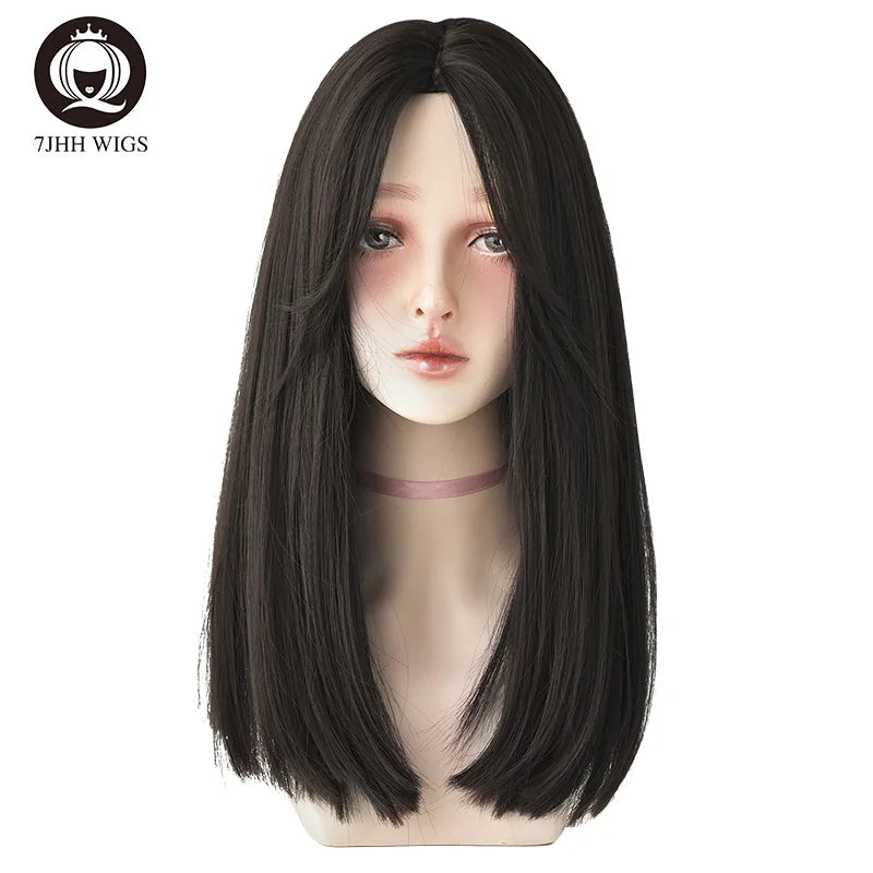 7JHHWIGS Long Wavy Synthetic Black Wigs For Women With Fringe Fashion Heat Resistant Mid-Length Daily Straight Light Brown Hair