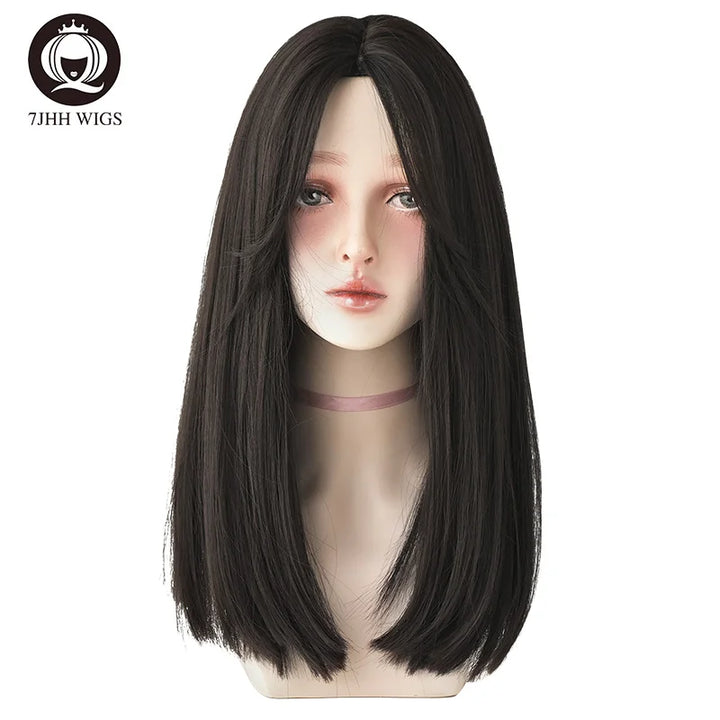 7JHHWIGS Long Wavy Synthetic Black Wigs For Women With Fringe Fashion Heat Resistant Mid-Length Daily Straight Light Brown Hair