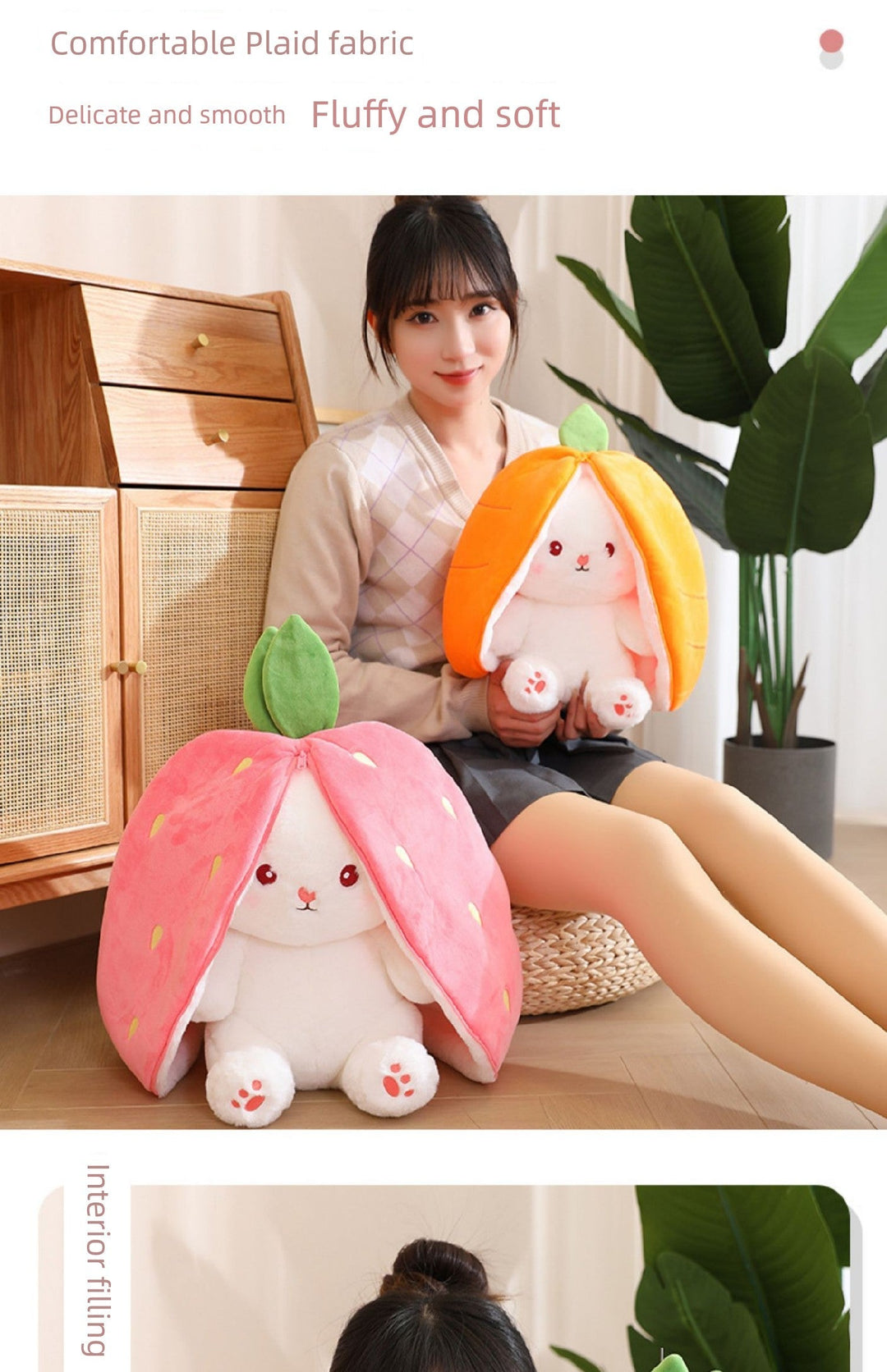 Strawberry Rabbit Doll Transformation Strawberry Rabbit Doll Zipper Plush Toy Rabbit Doll Birthday Gift for Girls Female