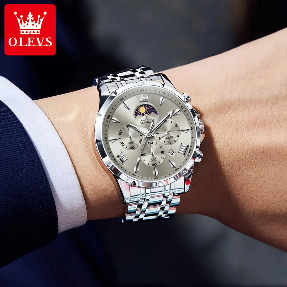 OLEVS Top Moon Phase Fashion Men's Watches Stainless steel Waterproof Quartz Watch for Man Calendar Luminous Daily Wristwatch