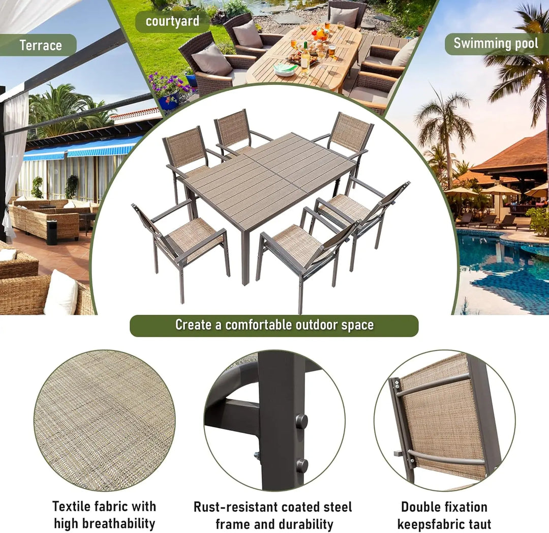 7 Piece Patio Dining Set Outdoor Furniture Set with Weather Resistant Table and 6 Stackable Textilene Chairs for Garden,