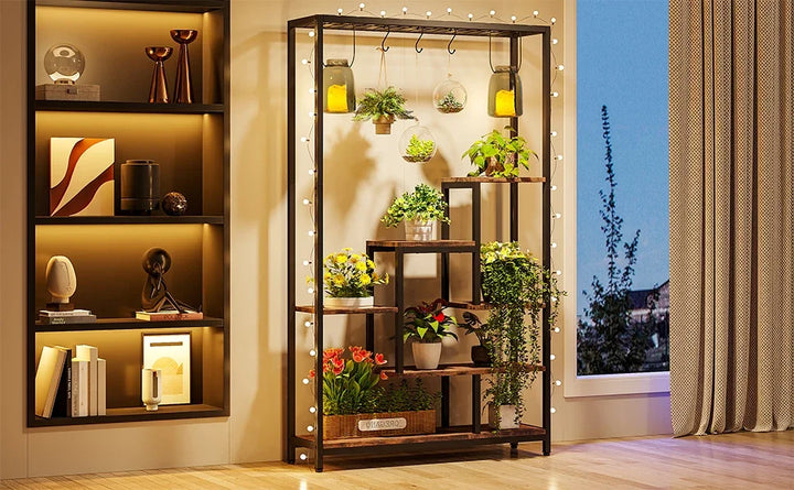 Tribesigns 5 Tiers Tall Indoor Plant Stand 70.9 inches Large Metal Plant Shelf with 10 PC S Hanging Hooks for Garden