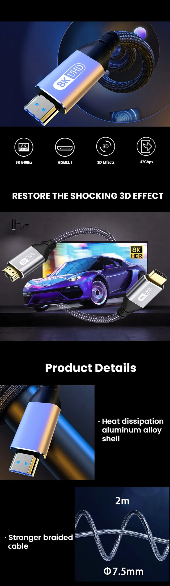 NIERBO HDMI 2.1 Cable HDMI Cord 8K 60Hz 4K 120Hz 48Gbps EARC ARC HDCP Ultra High Speed HDR for HD TV Laptop Projector PS4 PS5