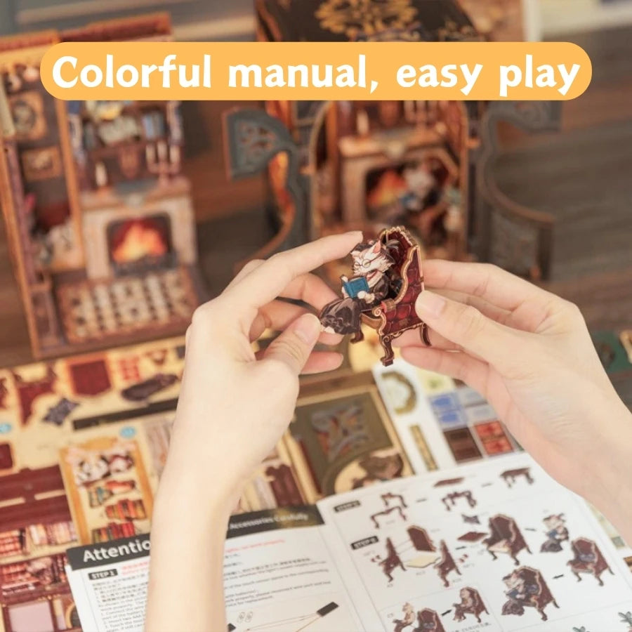 CUTEBEE Bookstore Book Nook with Light DIY Miniature Wooden Dollhouse for Decor Gift Bookshelf Insert Kit 3D Puzzle