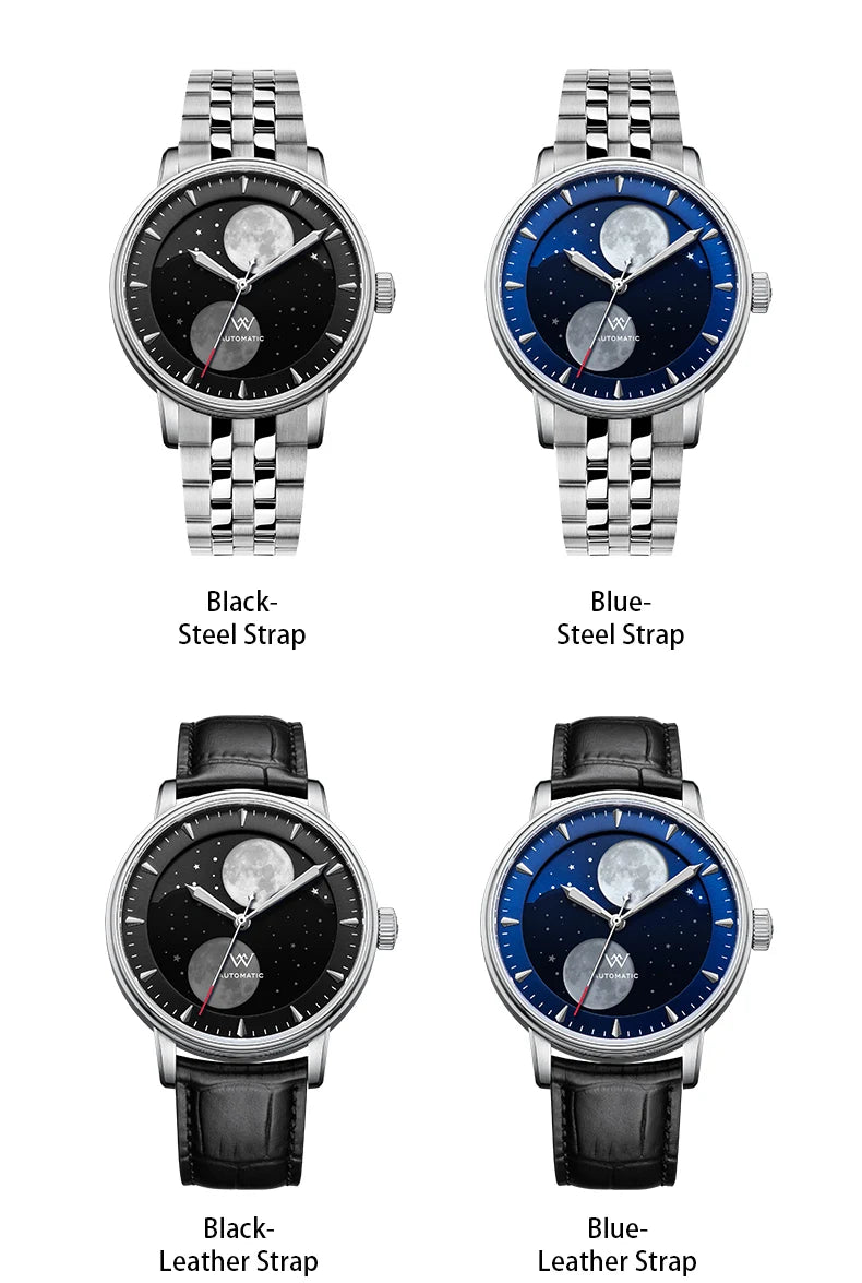WM Watch Welly Merck Automatic Mechanical Watches Men Lunar Moon Phase Sapphire Waterproof Man Luminous Twin Moons Watch WM142