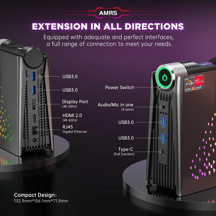 ACEMAGIC S3A Mini PC Gaming AMD Ryzen 7 5700U RAM 16/32GB DDR4 512GB/1TB SSD Gamer Computer RGB Light Control WiFi6 BT5.2