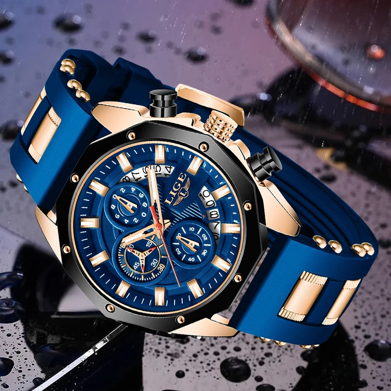 LIGE Brand Watch Men Silcone Sports Watches Men's Army Military Quartz Wristwatch Chronograph Male Clock Relogio Masculino+BOX