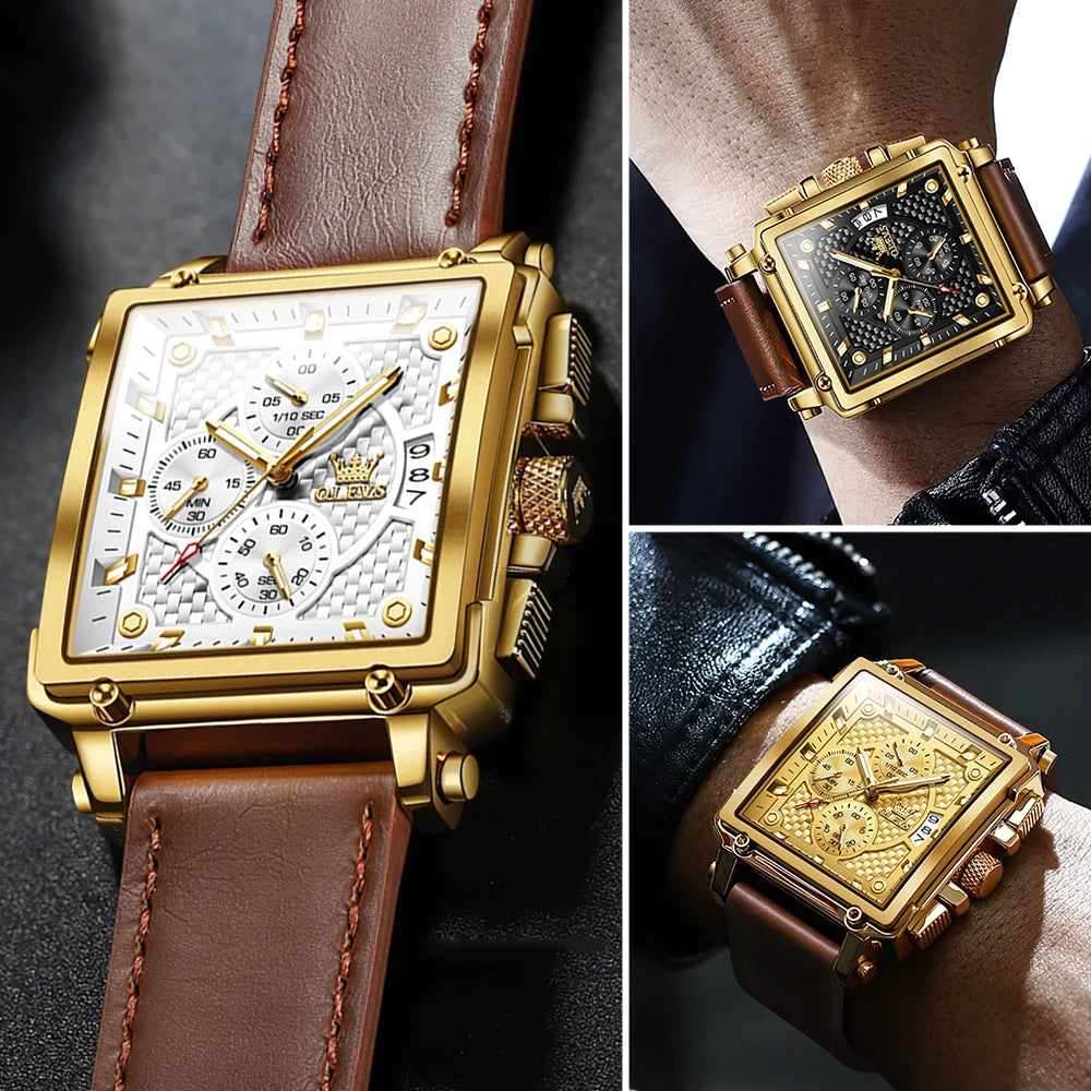 OLEVS Men's Top Brand Square Quality Quartz Wristwatch Chronograph Waterproof Original Watch for Man Luminous Date Luxury