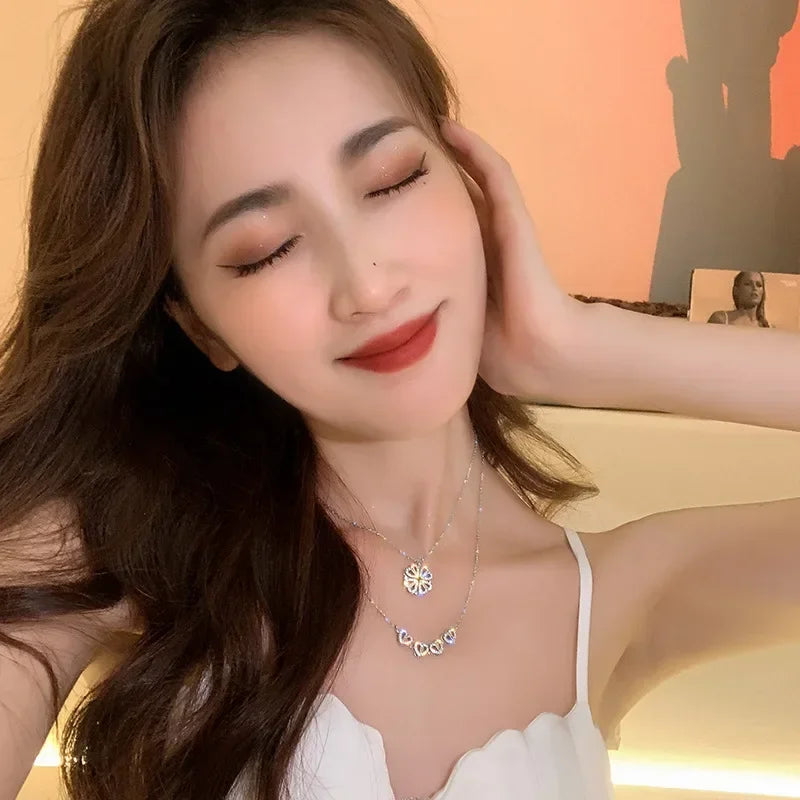 Small and Versatile Light Luxury No Fading Four Leaf Clover Lucky Heartdetachable Pendant Two Fashionable Collarbone Chains