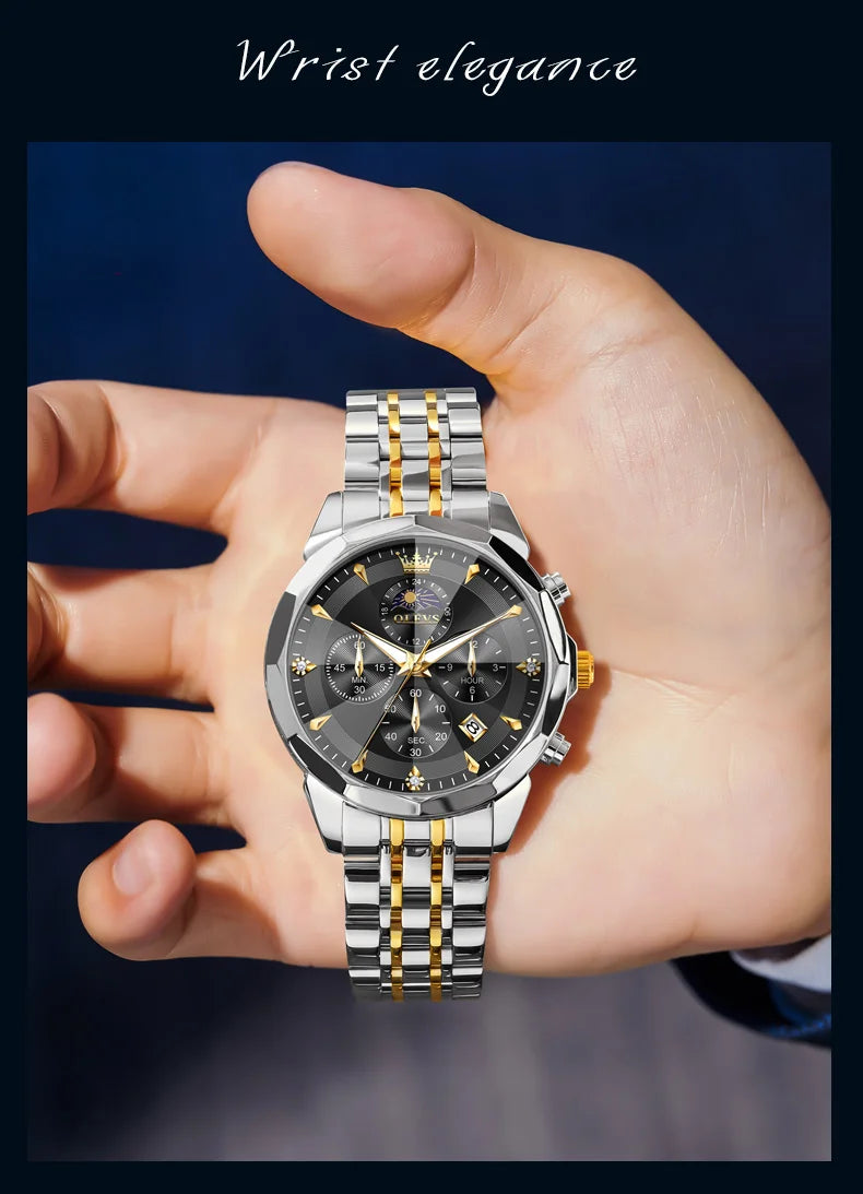 OLEVS 3673 Mens Watch Original Business Brand Quartz Watch Rhombus Mirror Waterproof Luminous Automatic Date Moon Phase Watch